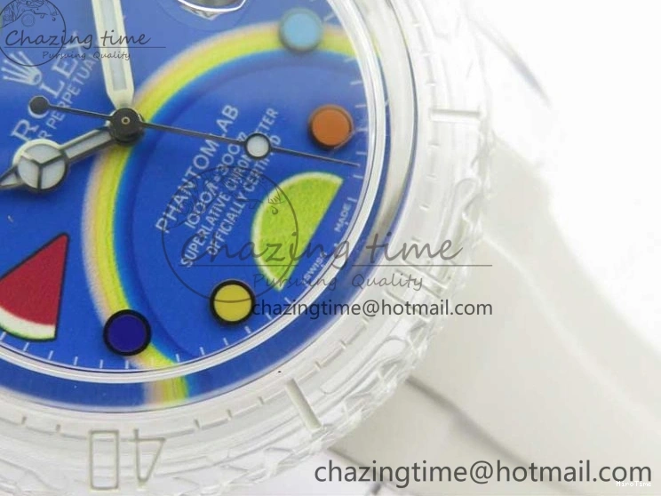 MiroTime 0123 Submariner Phantomlab Transparent KZF Best Edition Blue Fruit Dial on White Rubber Strap VR Classic 2563